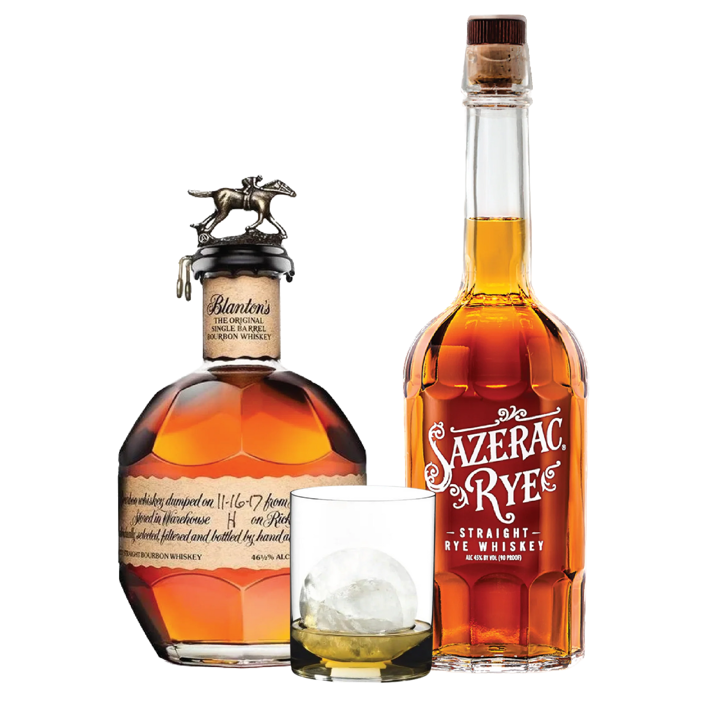 Blanton's Single Barrel Bourbon, Sazerac Rye Whiskey, Clear Whisky Tumbler Package - Liquor Bar Delivery