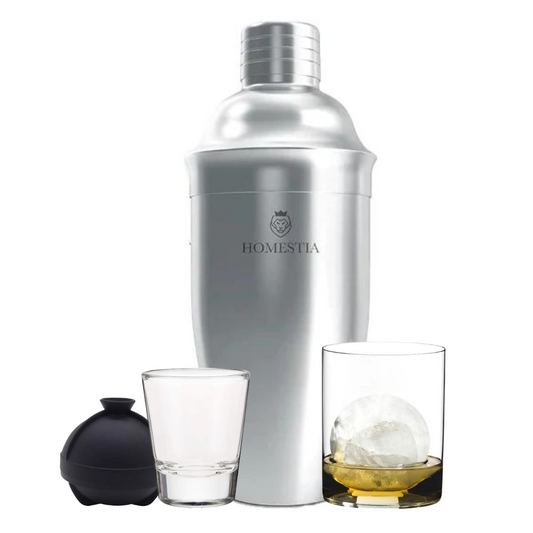 Clear Shot Glass, Clear Whisky Tumbler, Stainless Steel Cocktail Shaker, Sphere Ice Ball Mold  Bundle