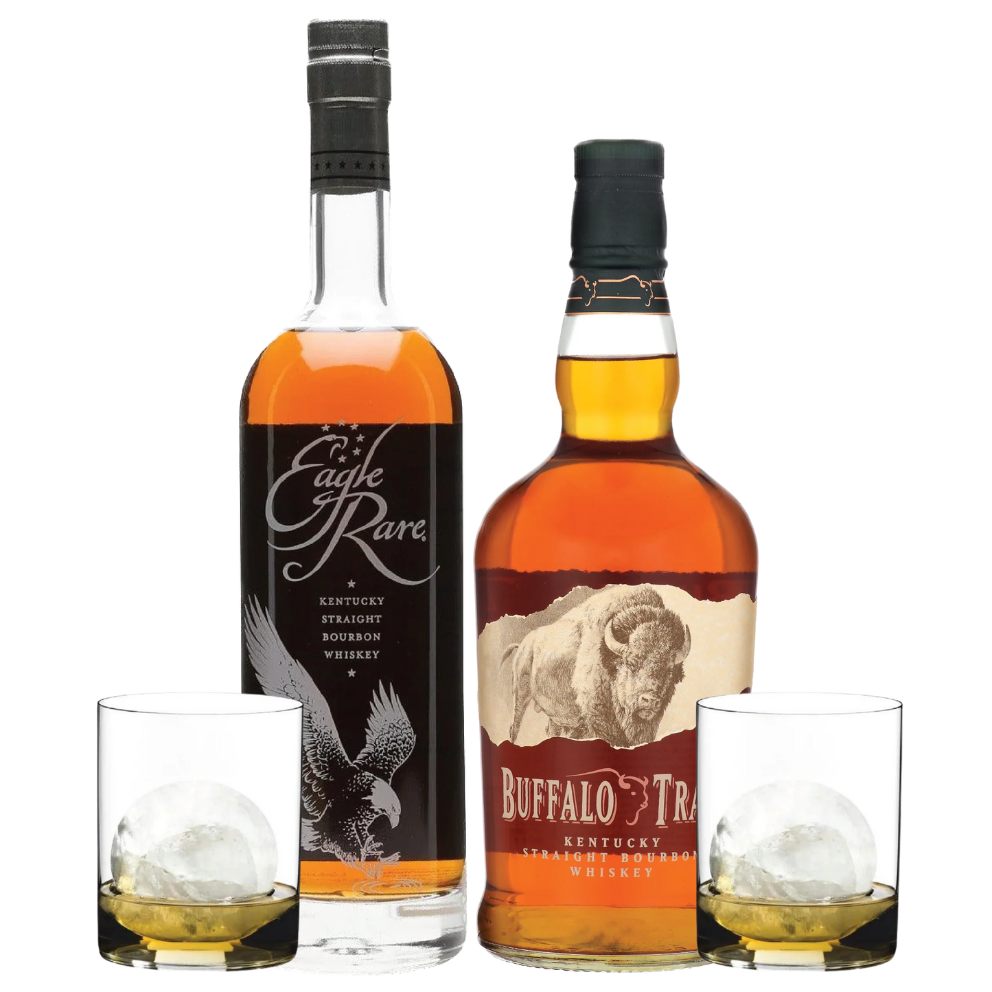 One Eagle Rare, one Buffalo Trace, and two Whiskey Tumblers - Liquor Bar Delivery