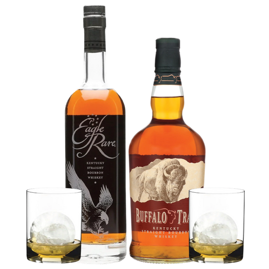 One Eagle Rare, one Buffalo Trace, and two Whiskey Tumblers - Liquor Bar Delivery