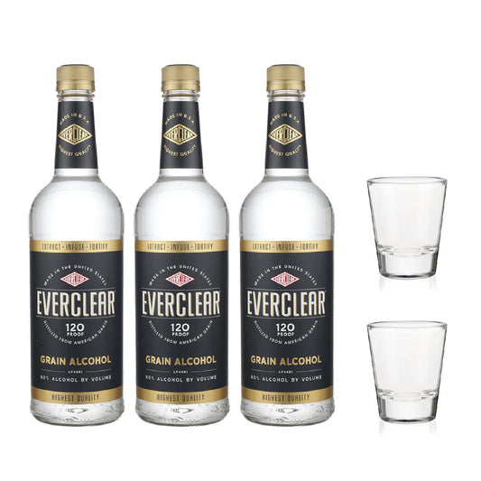 3 Everclear Grain Alcohol 120 Proof and 2 Clear Shot Glass - Package - Liquor Bar Delivery