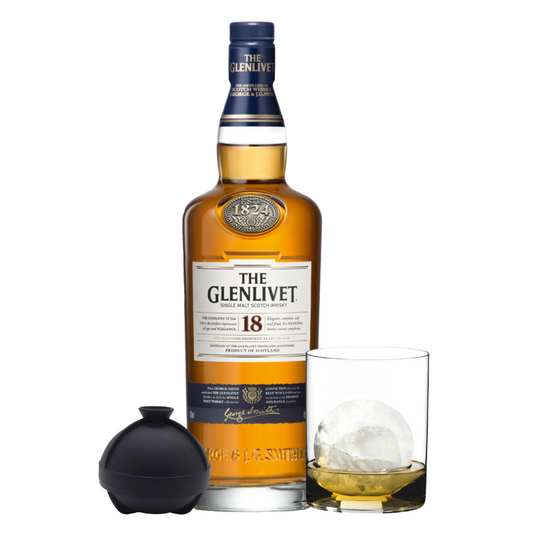 Glenlivet 18 Year Scotch, Clear Whisky Tumbler, Sphere Ice Ball Mold  Bundle