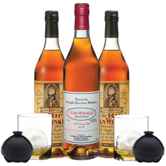 Two Pappy Van Winkle’s 10, one 12 Year Old Package, two whiskey tumblers, and two ice molds - Liquor Bar Delivery